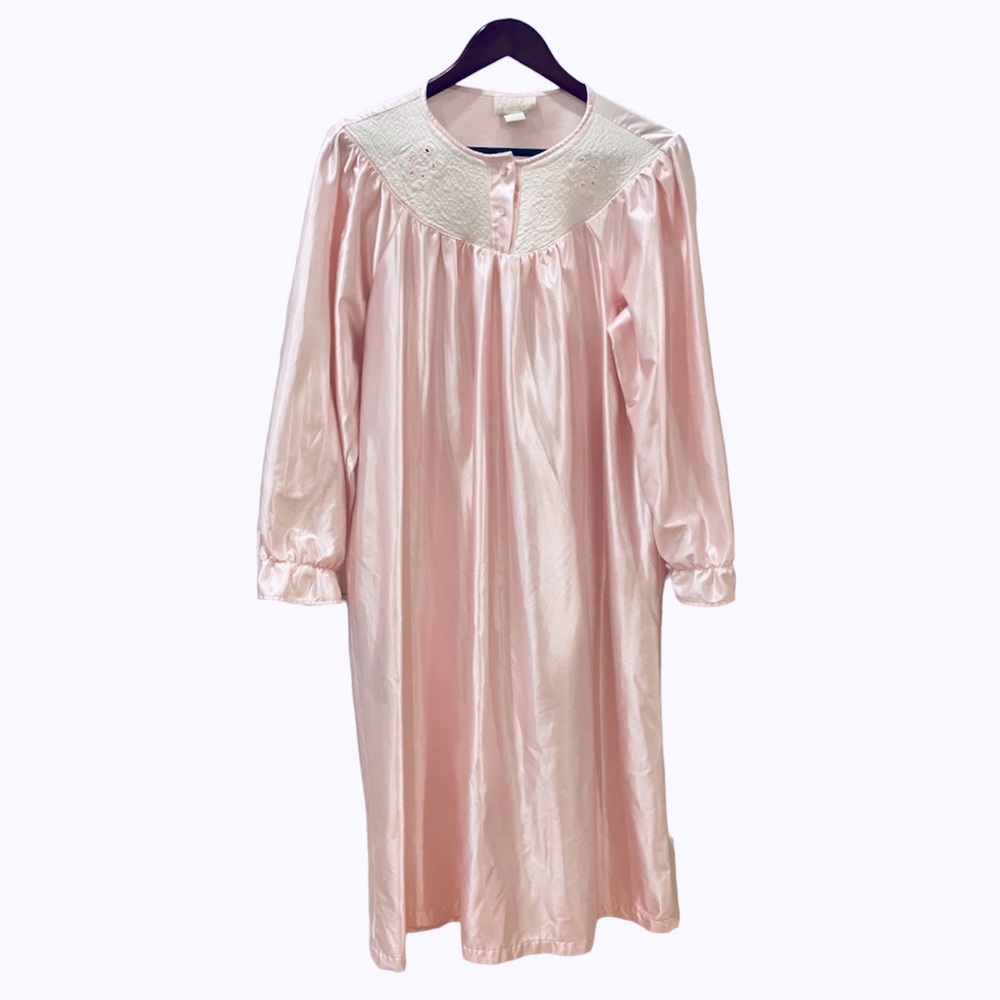 Vintage Cachet Sears Satin Nightgown Pink Embroidered L Granny Cottage Core